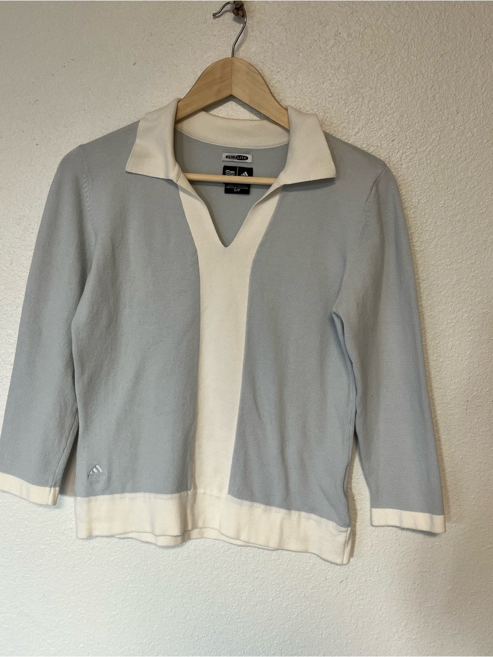 adidas Light Blue and Cream V‑Neck Collared Knit‎ Sweater tenis club luxury